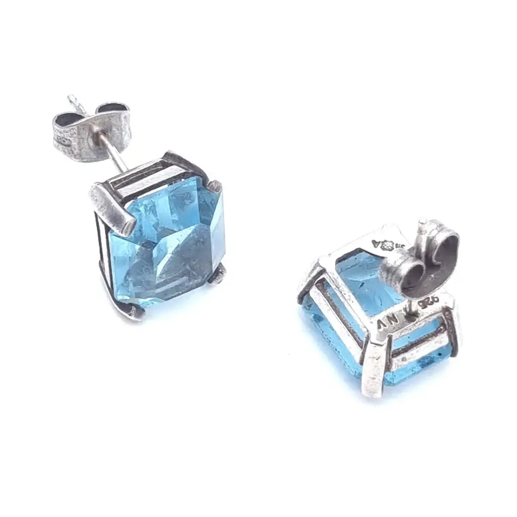 Art Deco inspired silver earrings with aquamarine simile. circa 1990.
