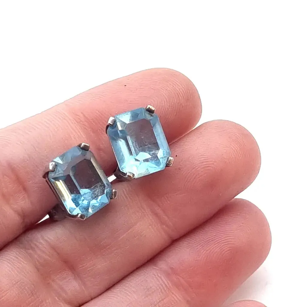 Art Deco inspired silver earrings with aquamarine simile. circa 1990.
