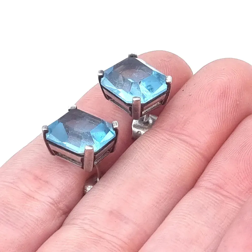 Art Deco inspired silver earrings with aquamarine simile. circa 1990.