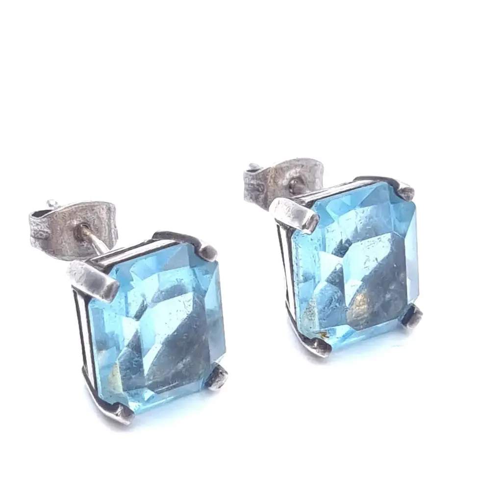 Art Deco inspired silver earrings with aquamarine simile. circa 1990.