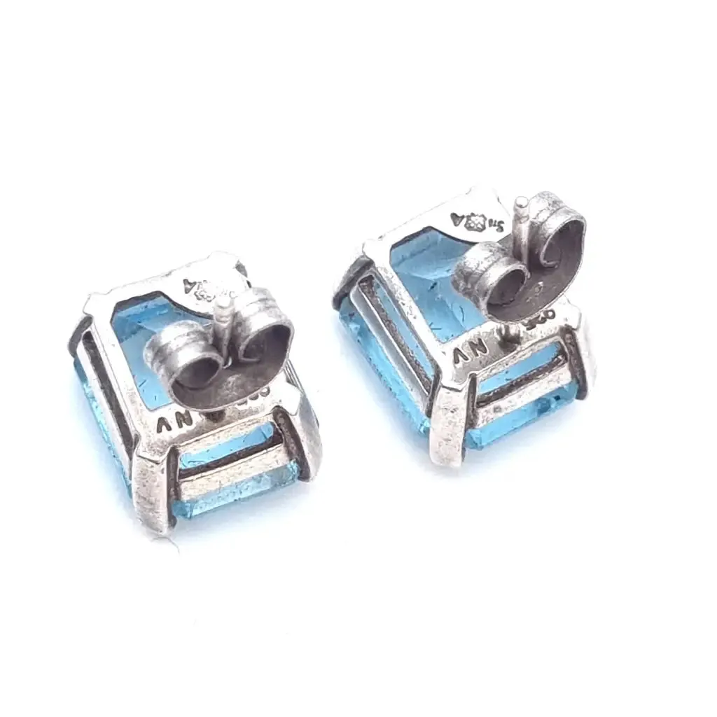 Art Deco inspired silver earrings with aquamarine simile. circa 1990.