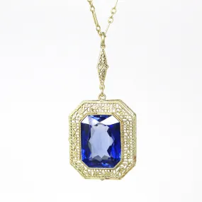 Art Deco Necklace - Vintage 14k Yellow Gold 10.91 CT Created Sapphire Statement - Circa 1930s Era Flower Filigree September Fine 30s Jewelry
