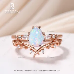 Art Deco Pear Lab Opal Promise Ring Set Moissanite Leaf Stacking Band Women Nature Inspired Ring Set