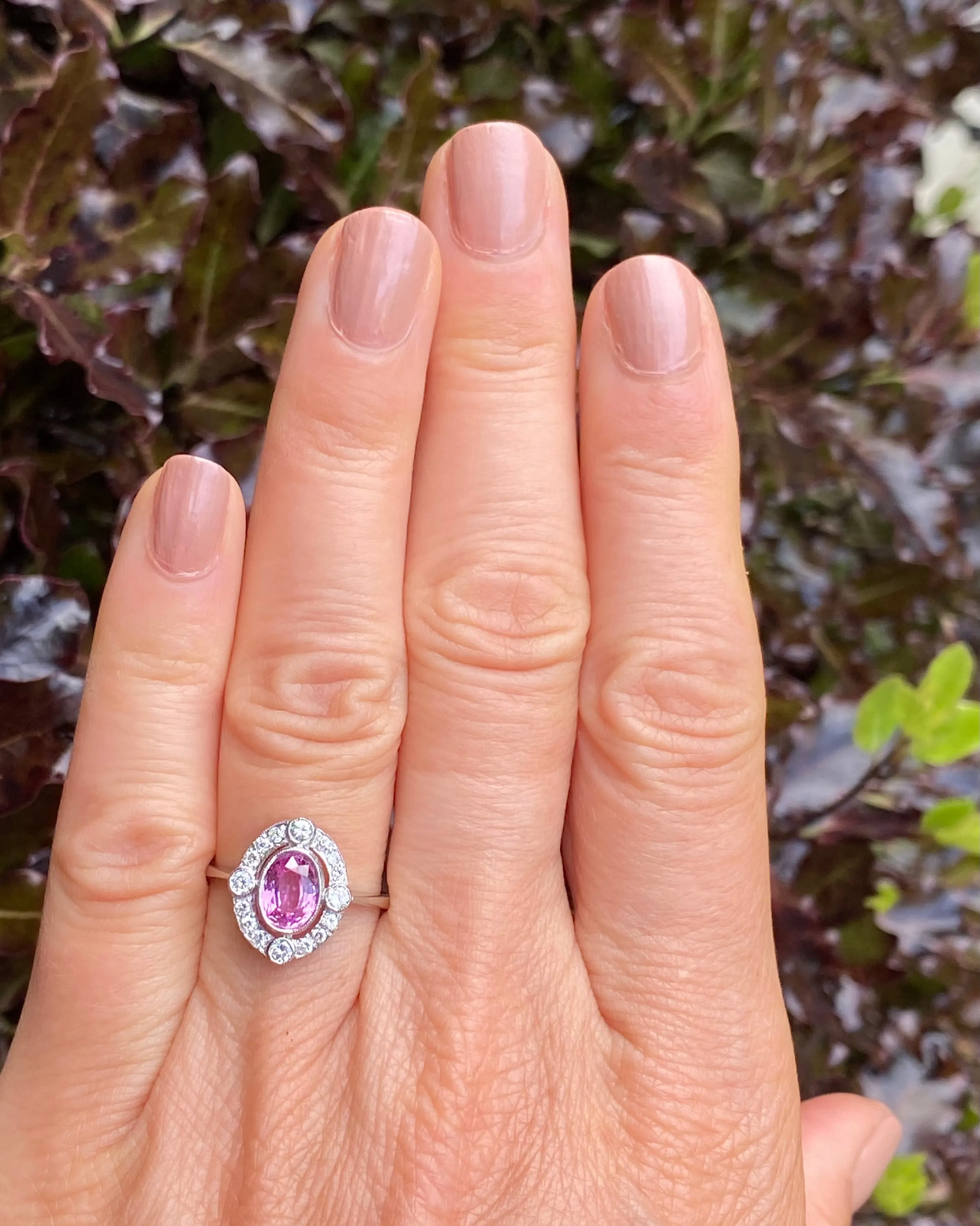 Art Deco Pink Sapphire and Diamond Cluster Ring Platinum 0.35ct   1.10ct