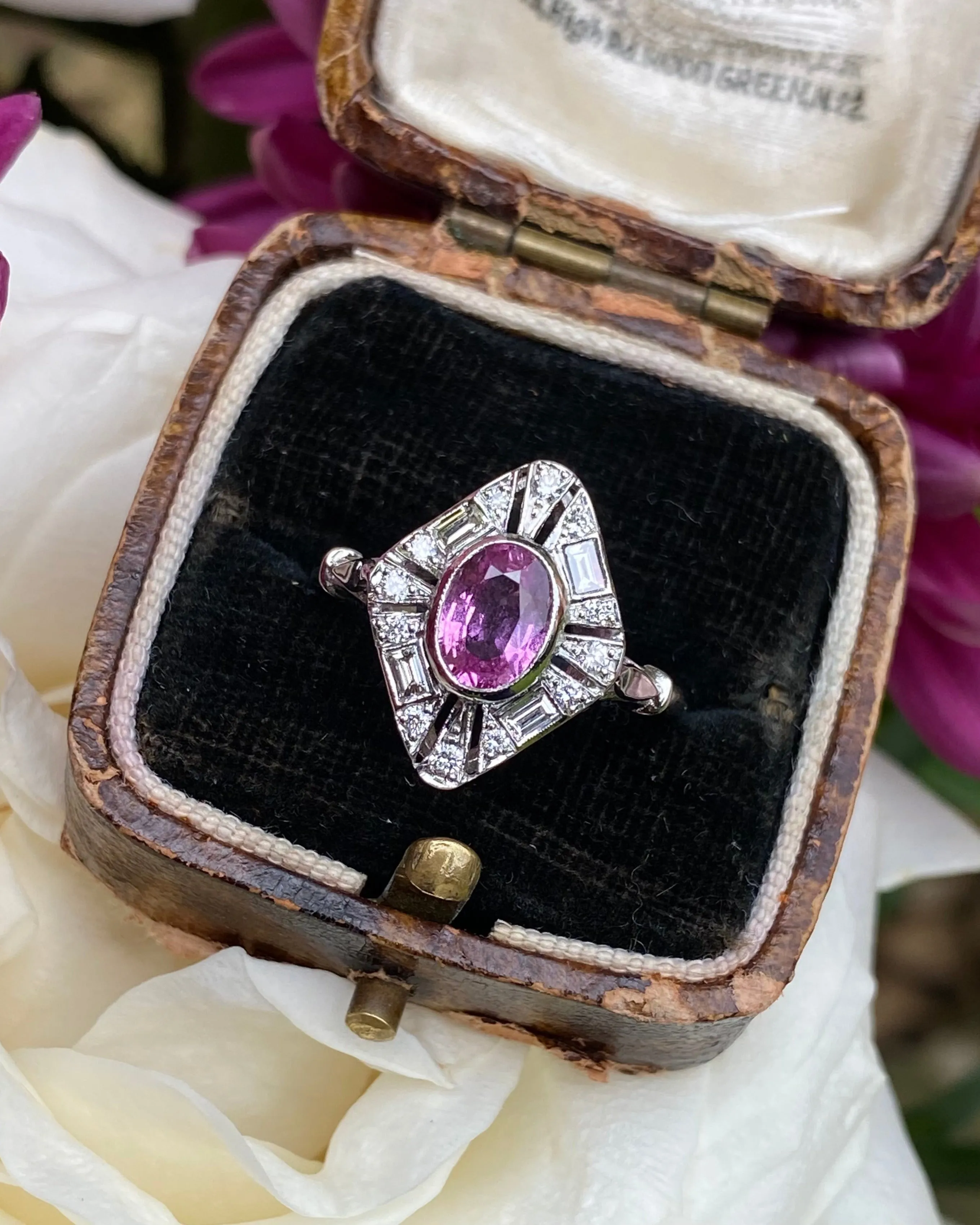 Art Deco Pink Sapphire and Diamond Platinum Ring 0.30ct   1.0ct