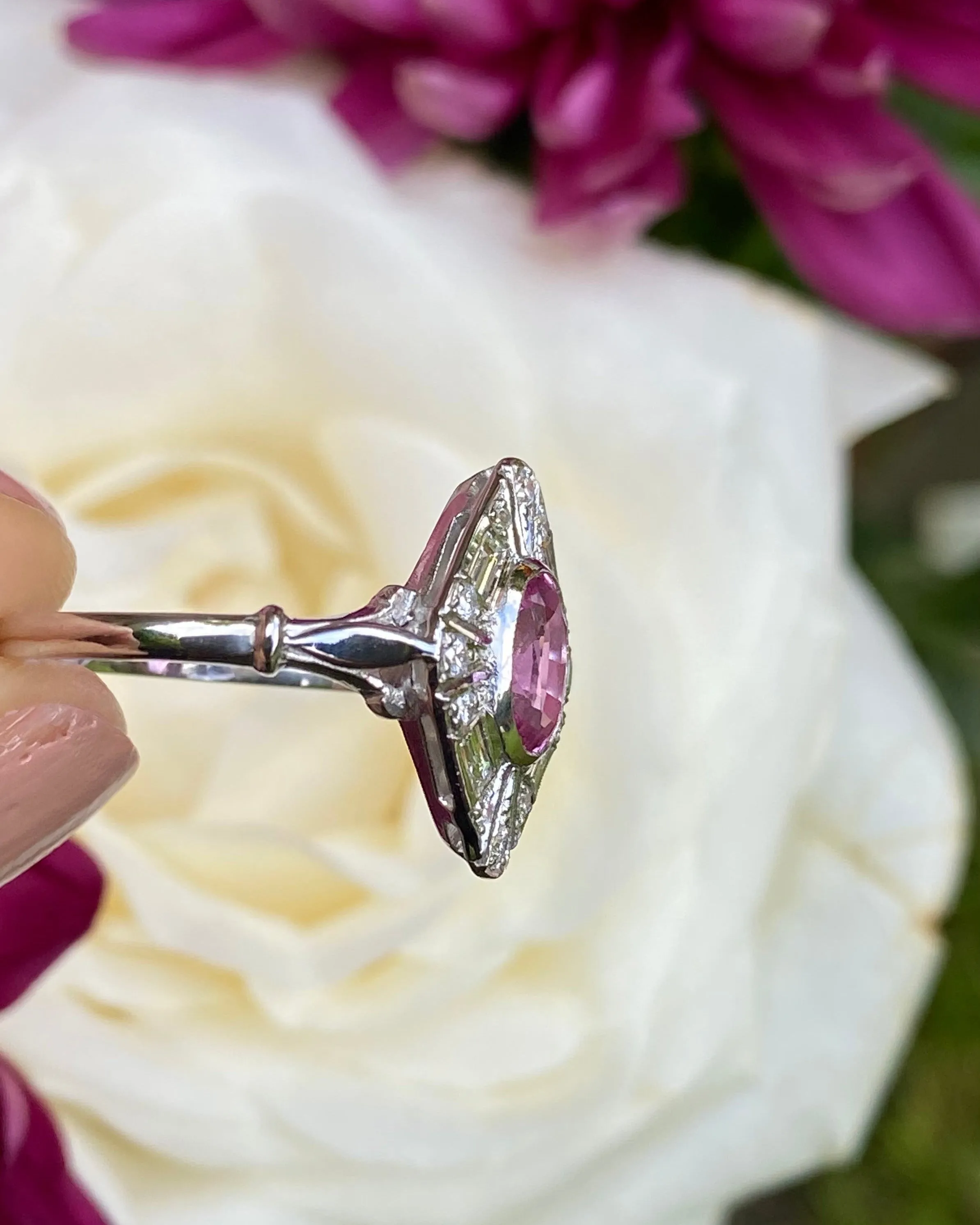 Art Deco Pink Sapphire and Diamond Platinum Ring 0.30ct   1.0ct