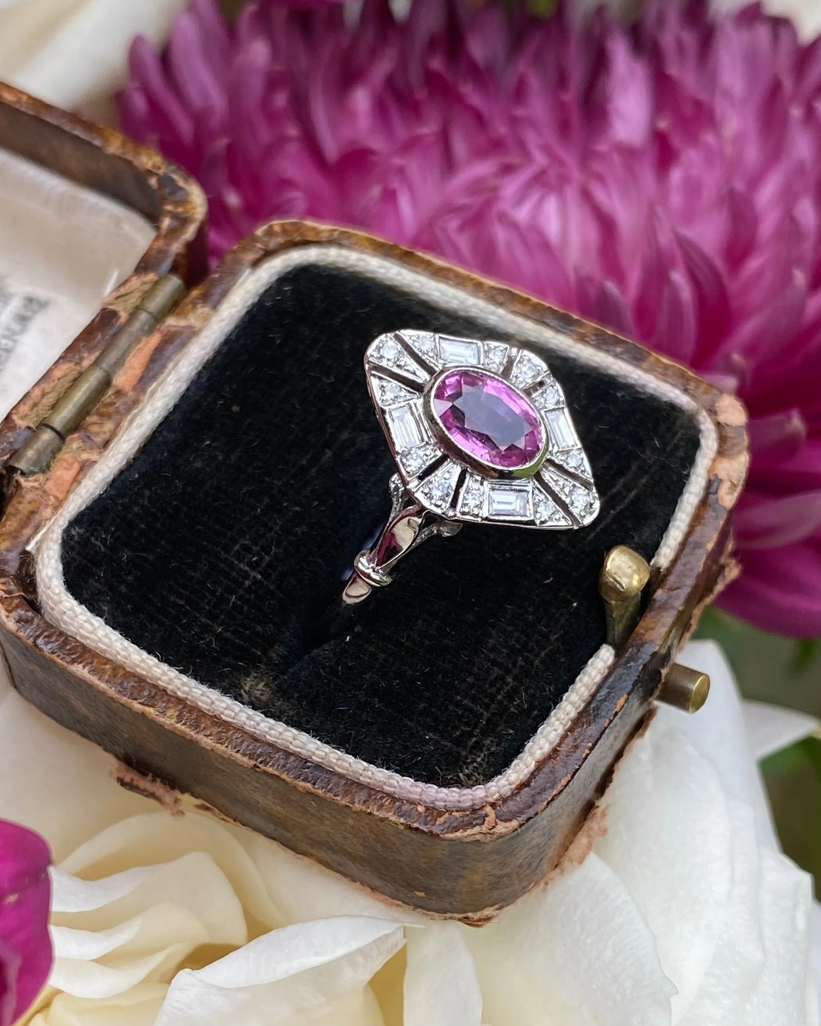 Art Deco Pink Sapphire and Diamond Platinum Ring 0.30ct   1.0ct