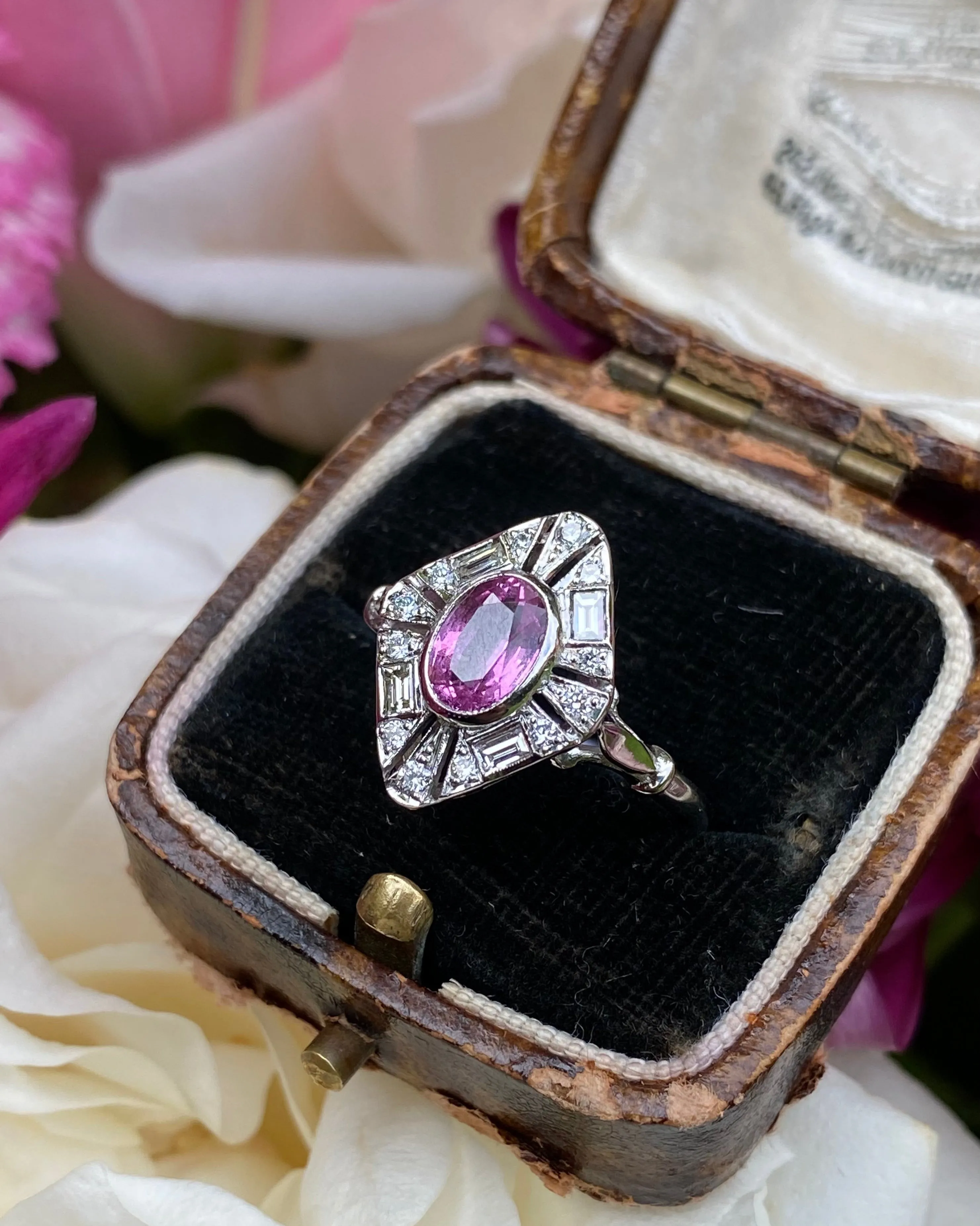 Art Deco Pink Sapphire and Diamond Platinum Ring 0.30ct   1.0ct