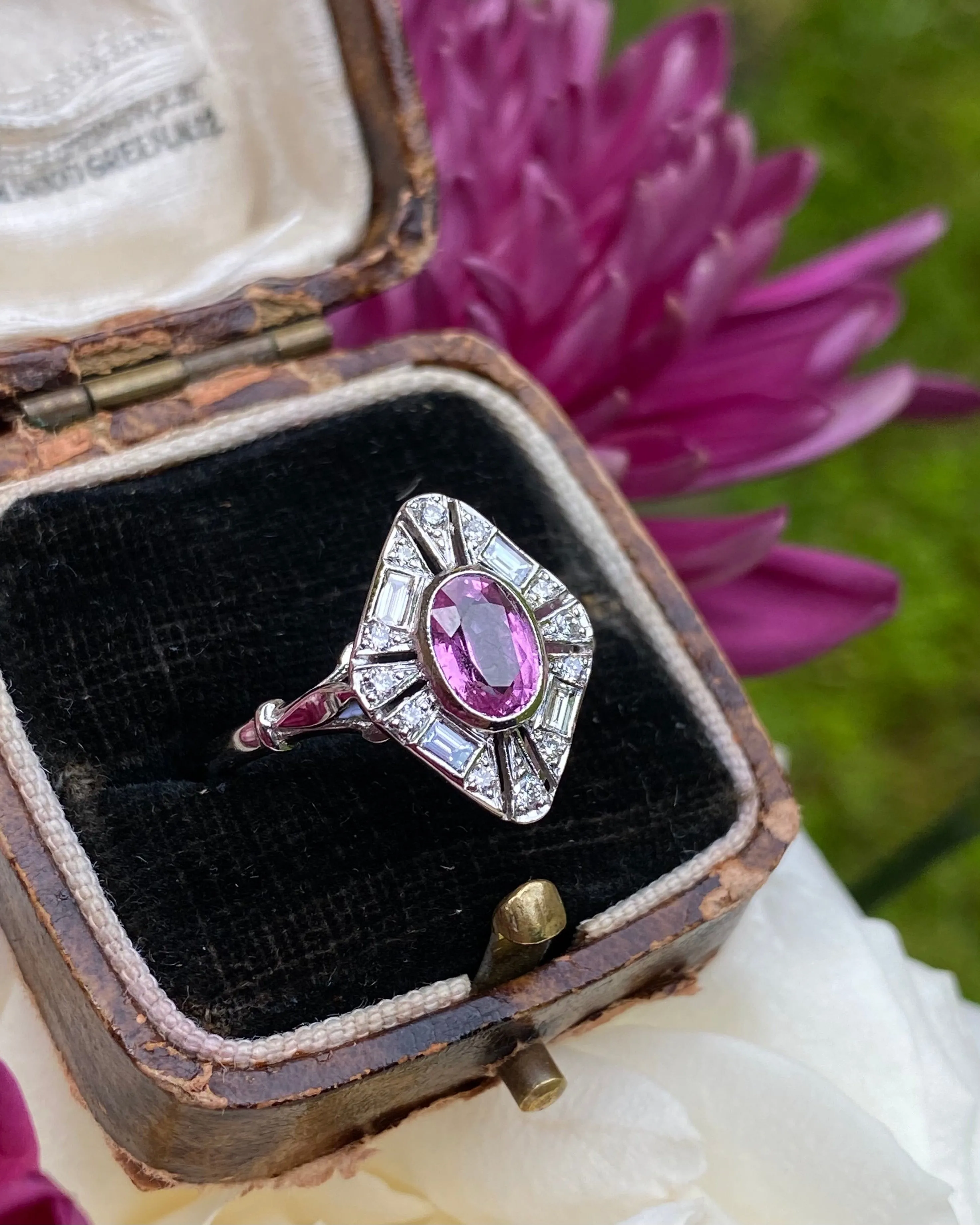 Art Deco Pink Sapphire and Diamond Platinum Ring 0.30ct   1.0ct