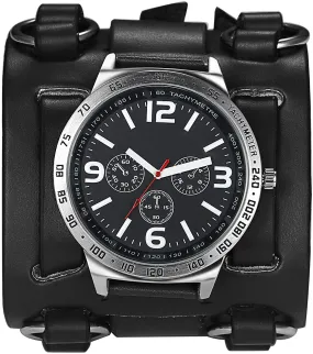 Avaner Mens Retro Steampunk Rock Black Wide Leather Bracelet Cuff Watches Big Face Round Dial Analog Quartz Sport Watch [Upgraded] Japanese Quartz Movement Watch
