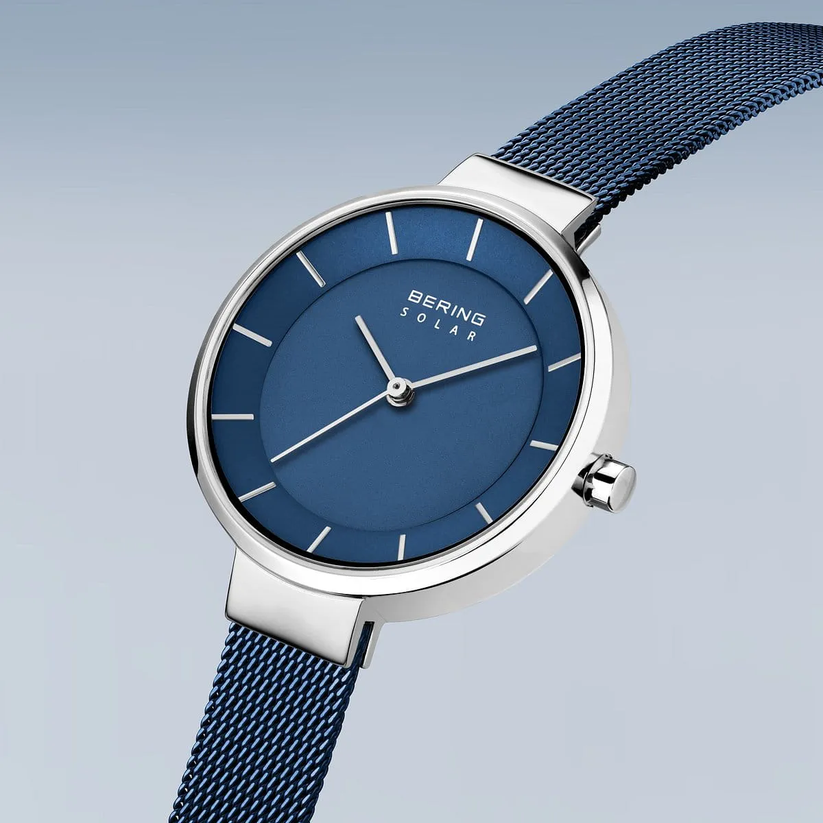 Bering Solar Blue Stainless Steel Mesh Ladies Watch with Blue Dial