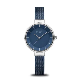 Bering Solar Blue Stainless Steel Mesh Ladies Watch with Blue Dial