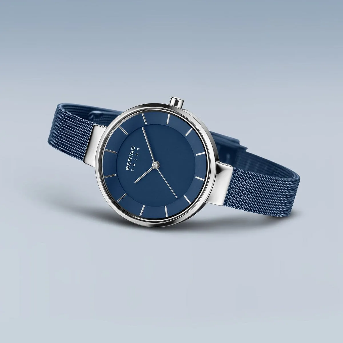 Bering Solar Blue Stainless Steel Mesh Ladies Watch with Blue Dial