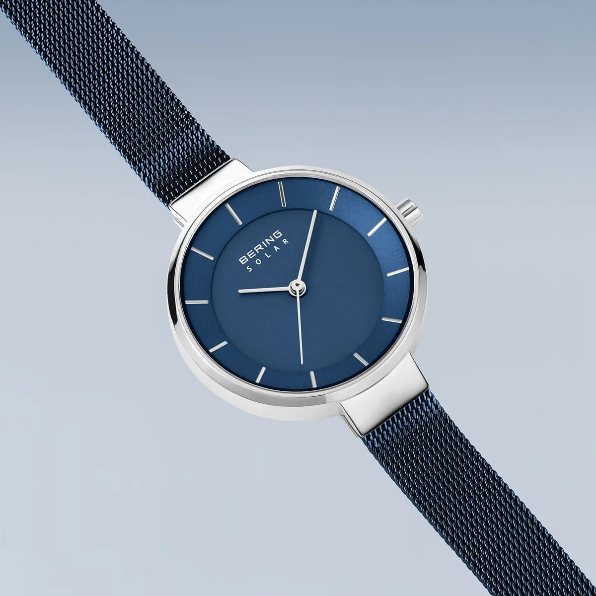 Bering Solar Blue Stainless Steel Mesh Ladies Watch with Blue Dial