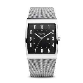 Bering Solar Stainless Steel Rectangular Watch with Black Dial