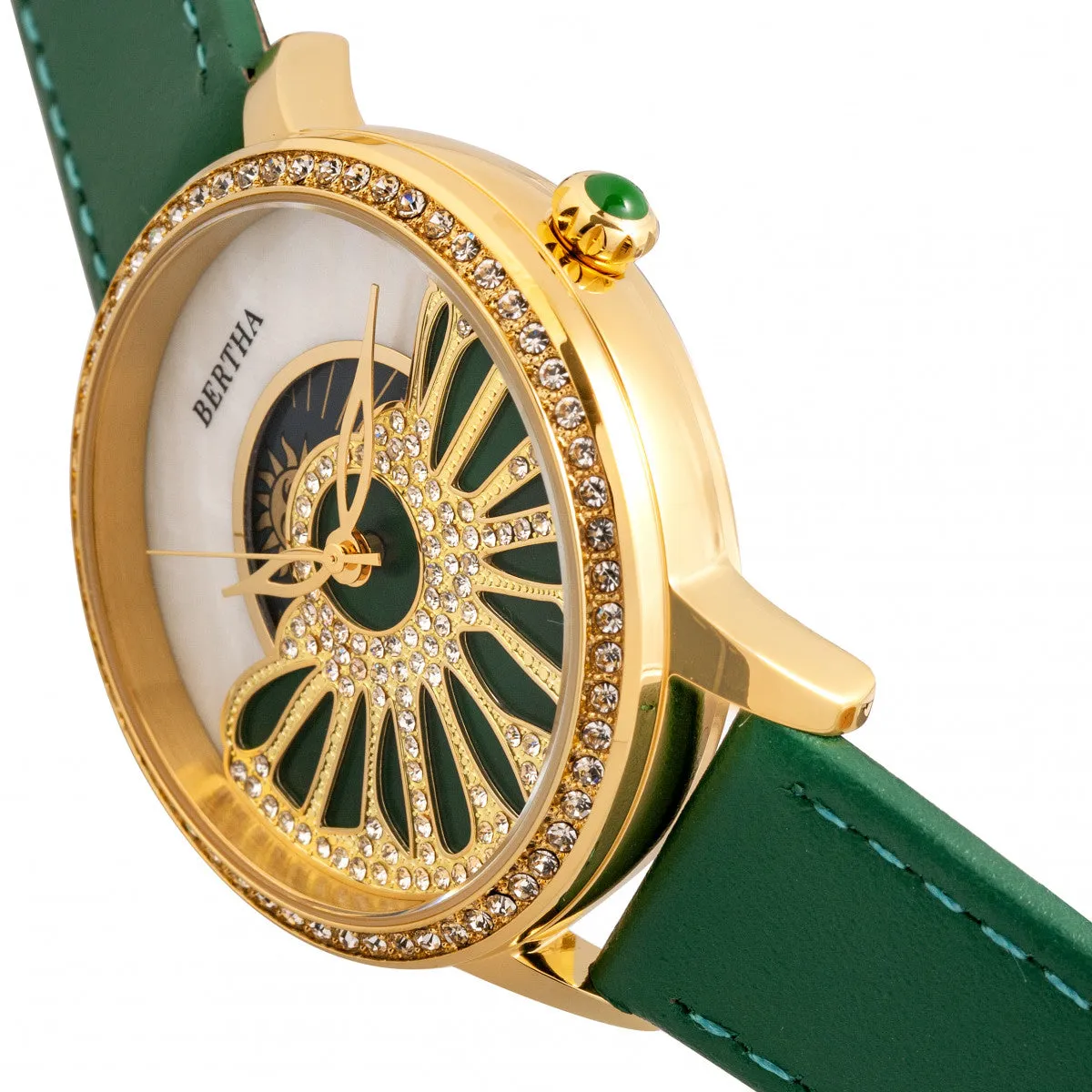 Bertha Adaline Mother-Of-Pearl Leather-Band Watch - Green