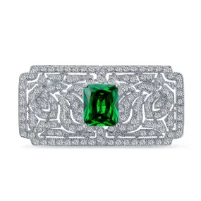 Big Vintage Estate Jewelry Scroll CZ Green Emerald Ruby Sapphire Brooche Pin Silver