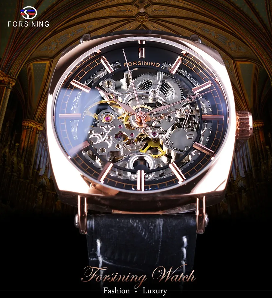 Black Skeleton Dress Watch Business Luxury Mechanical Leather Design