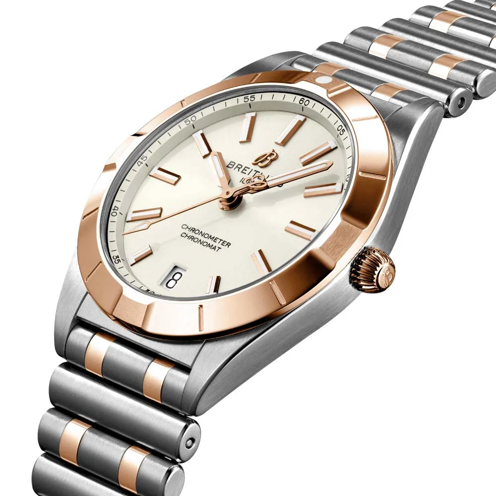 Breitling Chronomat 32mm White Dial 18ct Red Gold & Steel Ladies Quartz Watch U77310101A1U1