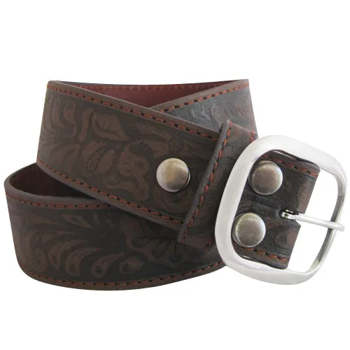 Brown Tooled Genuine Leather Interchangeable Belt Strap. STRAP ONLY!
