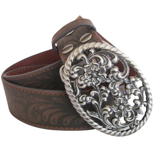 Brown Tooled Genuine Leather Interchangeable Belt Strap. STRAP ONLY!