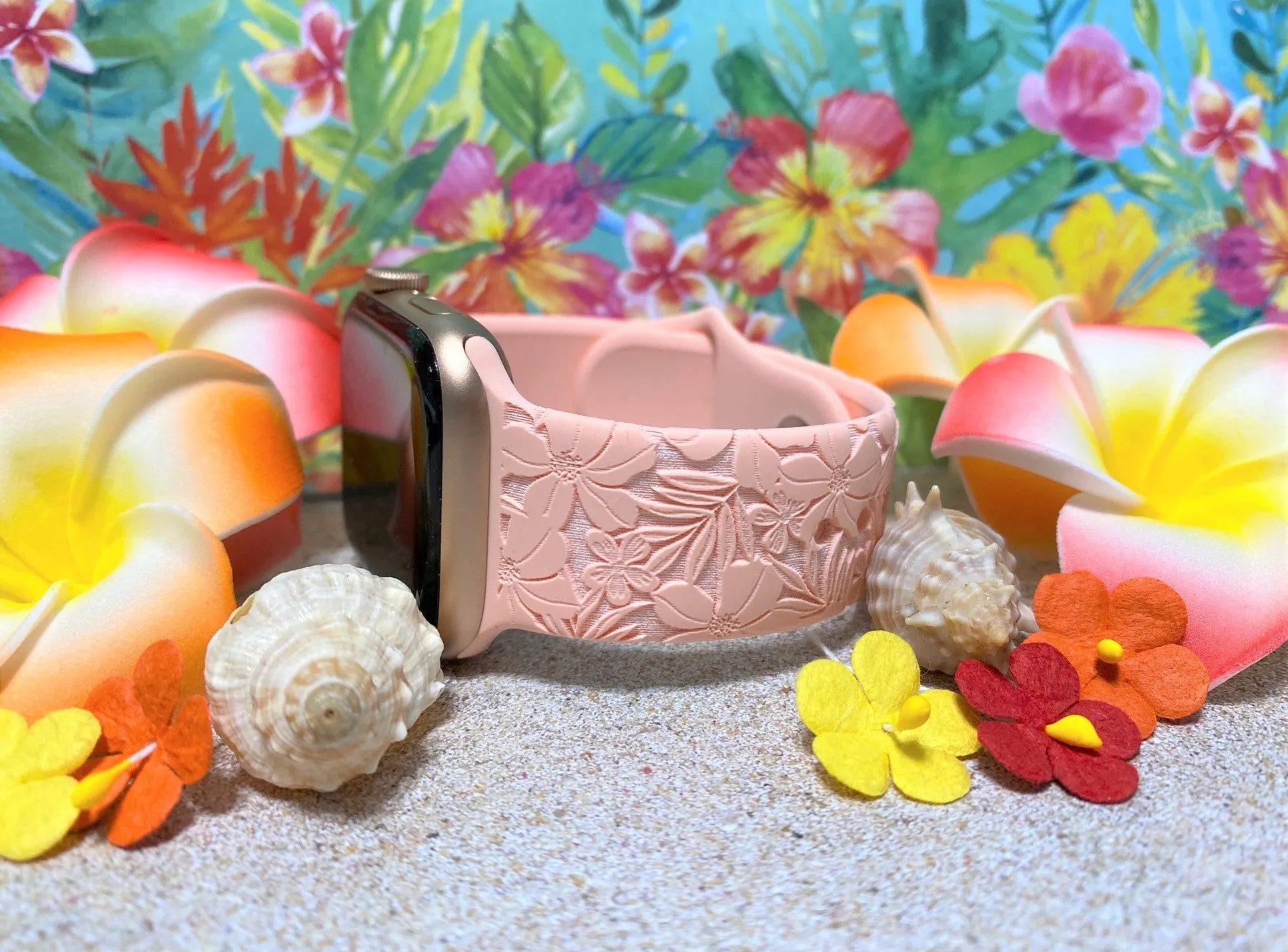 Coral Peach Hibiscus Apple Watch Band