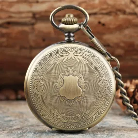 Creative Bronze/Silver/ Gold Delicate Carved Pattern Shield Quartz Pocket Watch