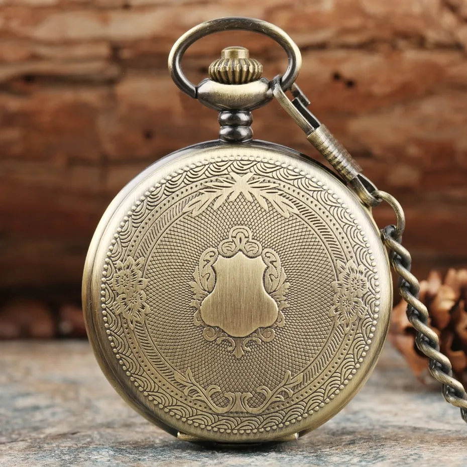 Creative Bronze/Silver/ Gold Delicate Carved Pattern Shield Quartz Pocket Watch