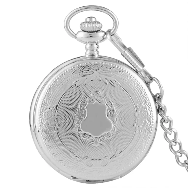 Creative Bronze/Silver/ Gold Delicate Carved Pattern Shield Quartz Pocket Watch