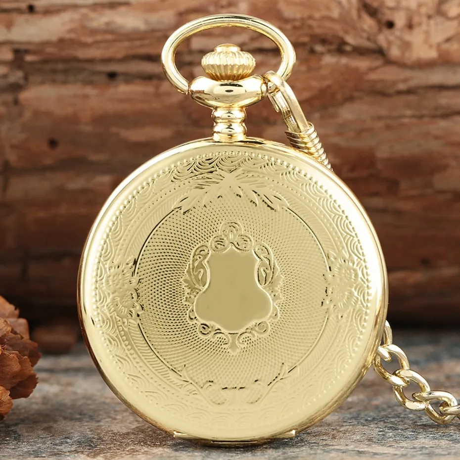 Creative Bronze/Silver/ Gold Delicate Carved Pattern Shield Quartz Pocket Watch