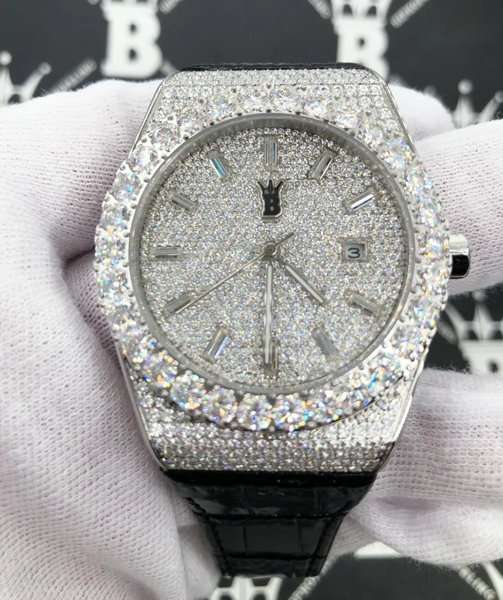 Crown Leather Iced Out Hip Hop Bling Bustdown Watch