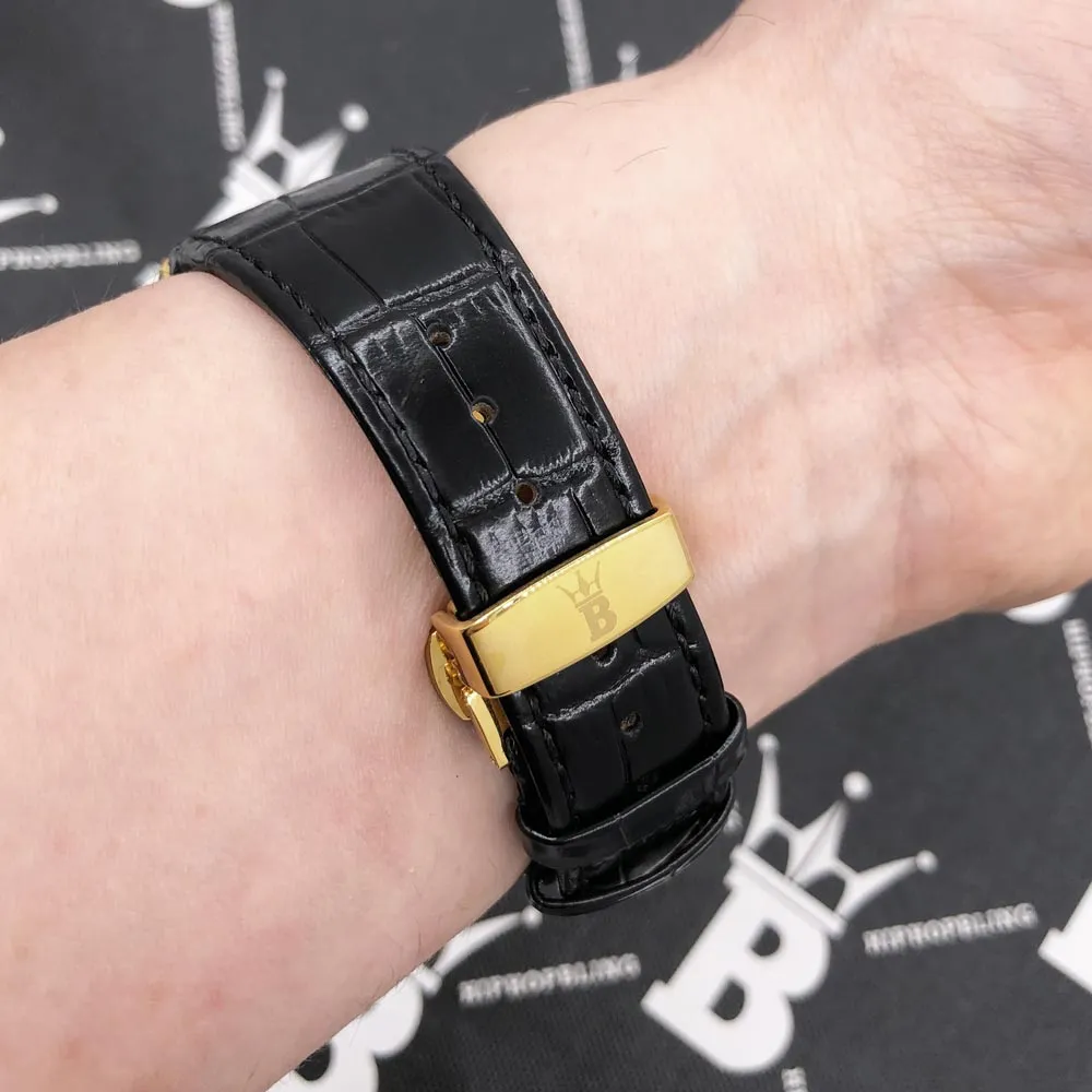 Crown Leather Iced Out Hip Hop Bling Bustdown Watch