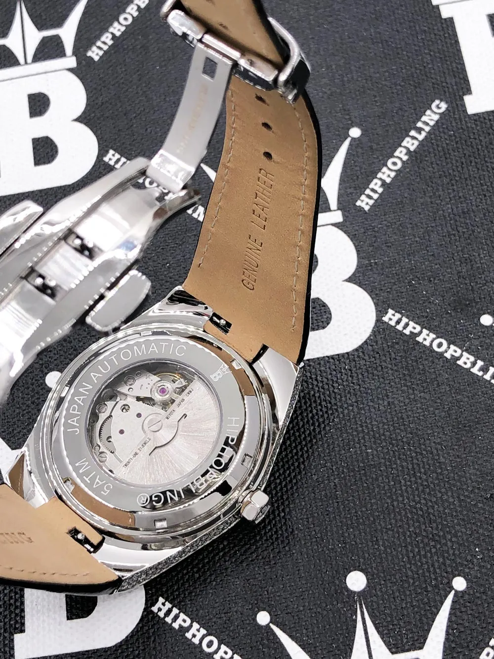 Crown Leather Iced Out Hip Hop Bling Bustdown Watch