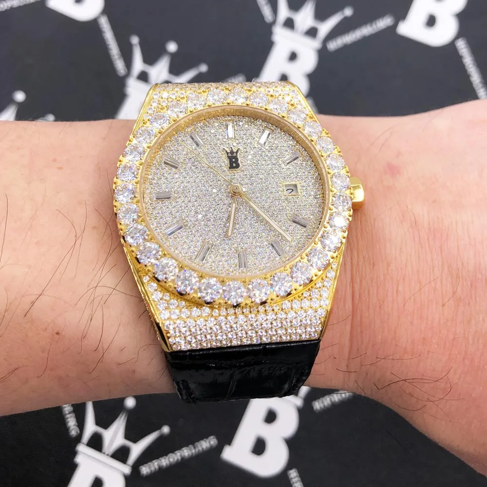 Crown Leather Iced Out Hip Hop Bling Bustdown Watch