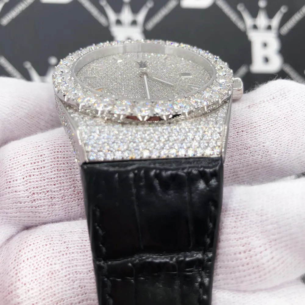 Crown Leather Iced Out Hip Hop Bling Bustdown Watch