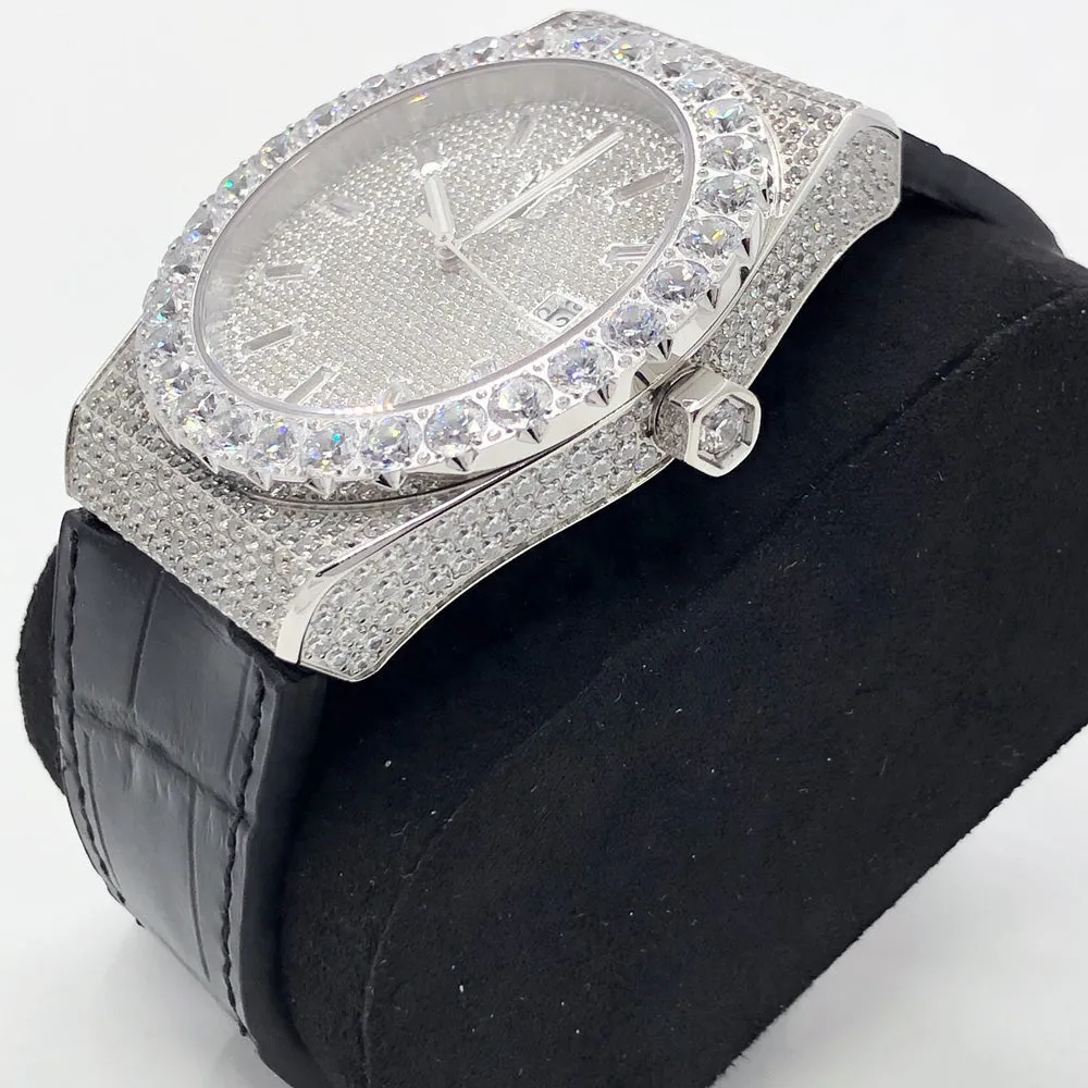 Crown Leather Iced Out Hip Hop Bling Bustdown Watch