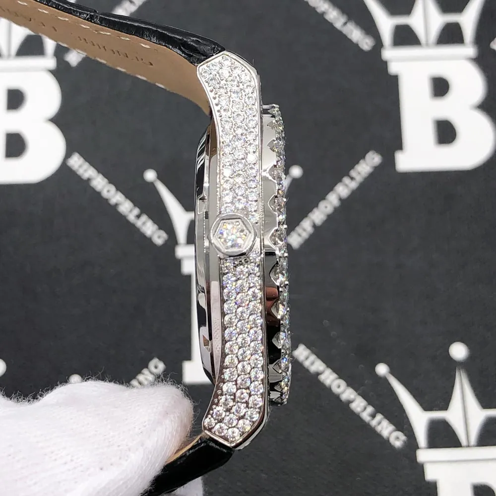 Crown Leather Iced Out Hip Hop Bling Bustdown Watch