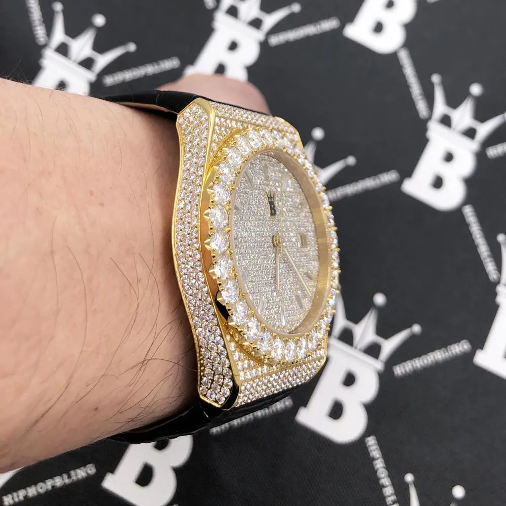Crown Leather Iced Out Hip Hop Bling Bustdown Watch