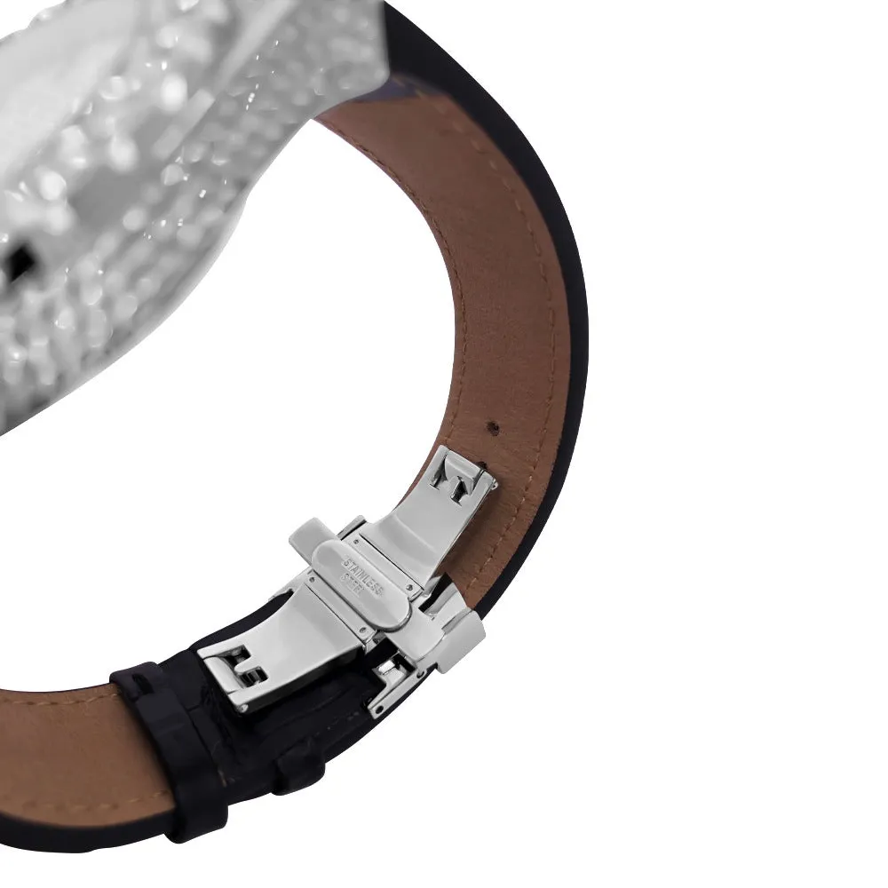 Crown Leather Iced Out Hip Hop Bling Bustdown Watch