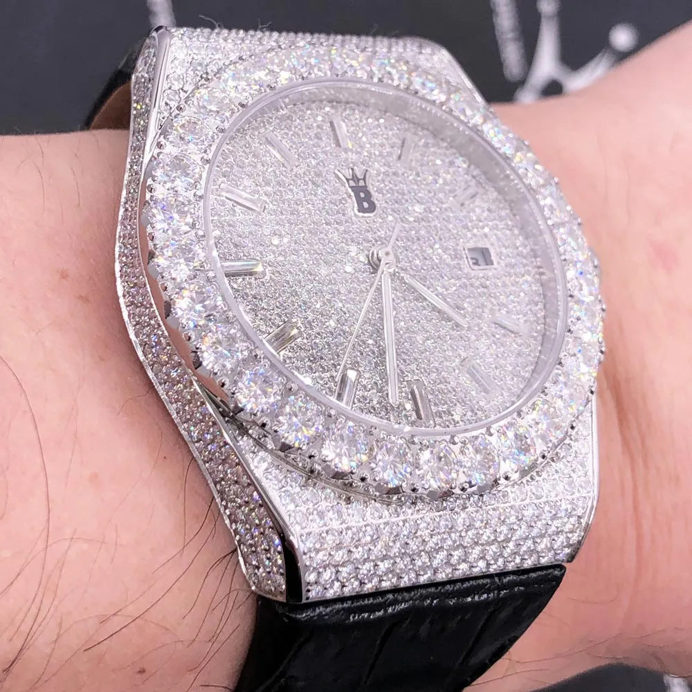Crown Leather Iced Out Hip Hop Bling Bustdown Watch