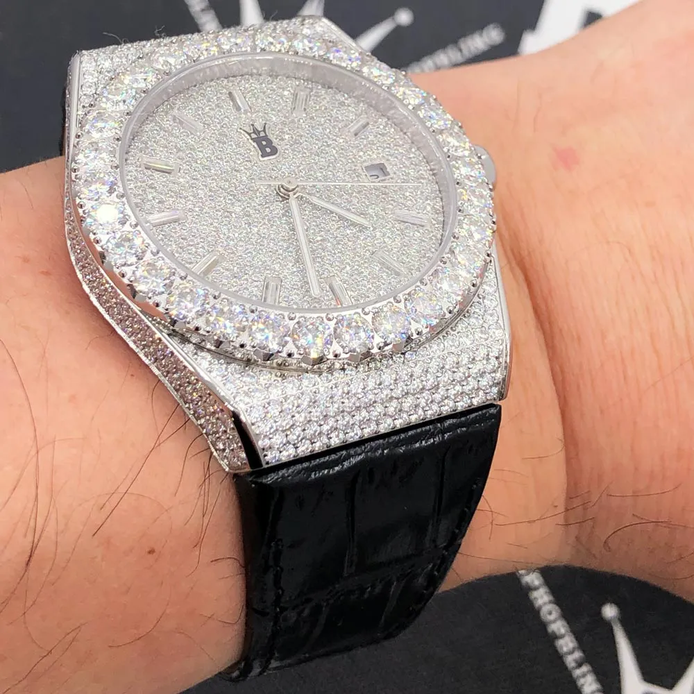 Crown Leather Iced Out Hip Hop Bling Bustdown Watch