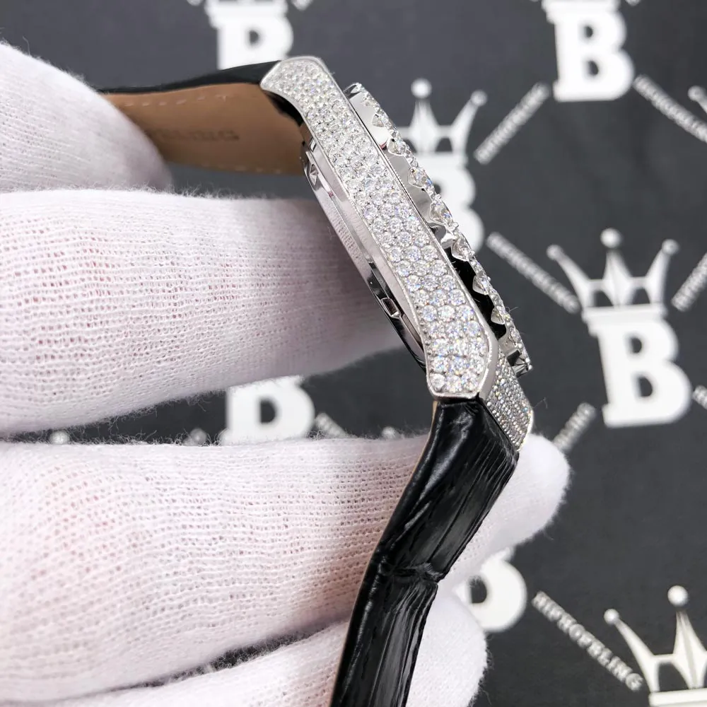 Crown Leather Iced Out Hip Hop Bling Bustdown Watch