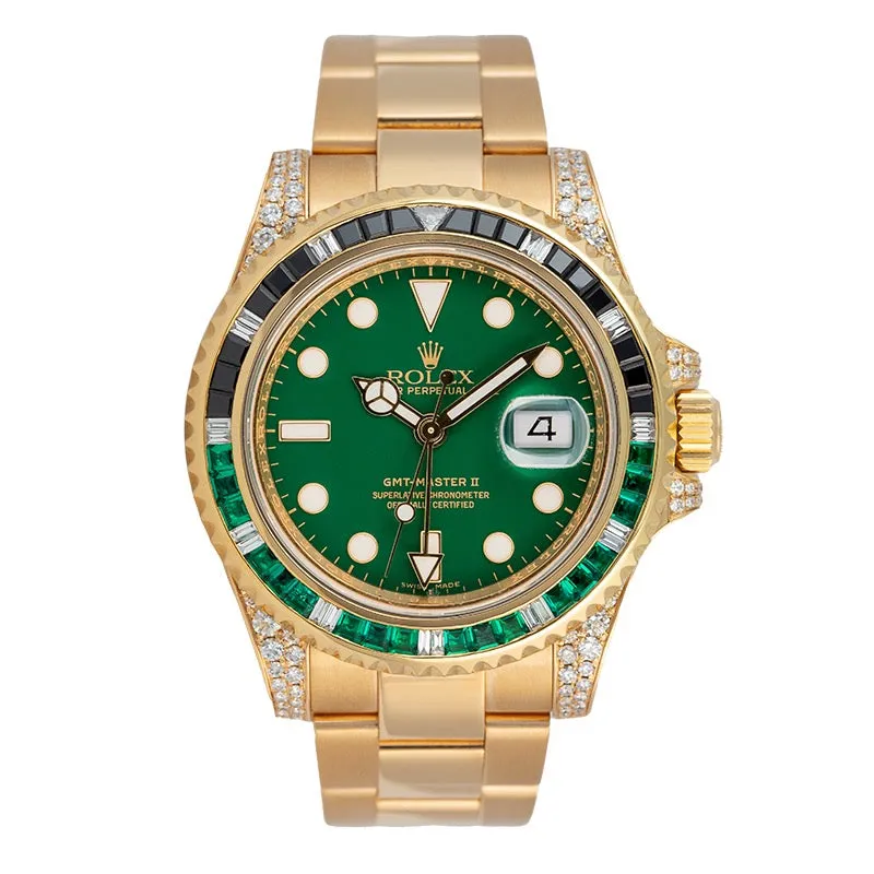 Custom Diamond Set Rolex GMT-Master II Yellow Gold Green/Black Bezel 116718LN