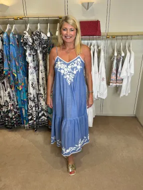 Denim & Cream Floral Embroidered Midi Dress