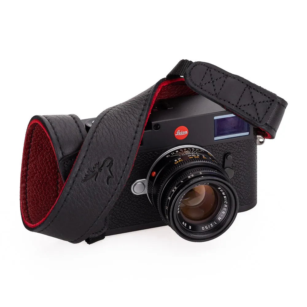 EDDYCAM Elk Leather Neck Strap, 35mm Wide, Black/Red with Black Stitching