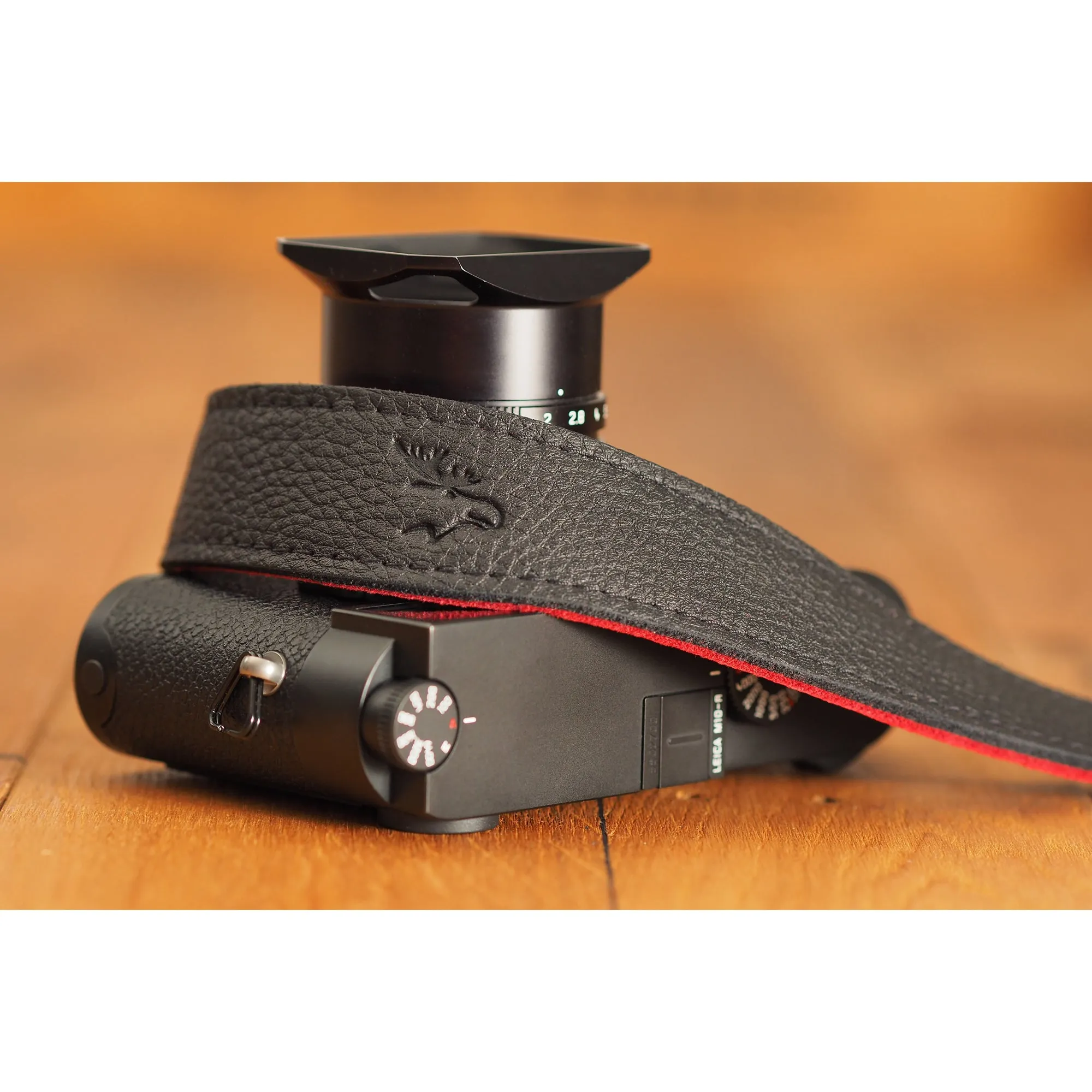 EDDYCAM Elk Leather Neck Strap, 35mm Wide, Black/Red with Black Stitching