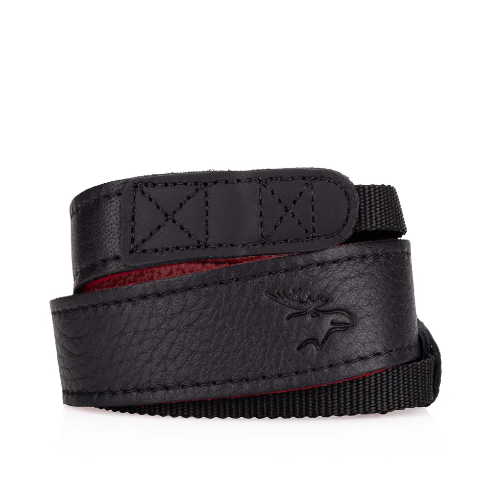 EDDYCAM Elk Leather Neck Strap, 35mm Wide, Black/Red with Black Stitching
