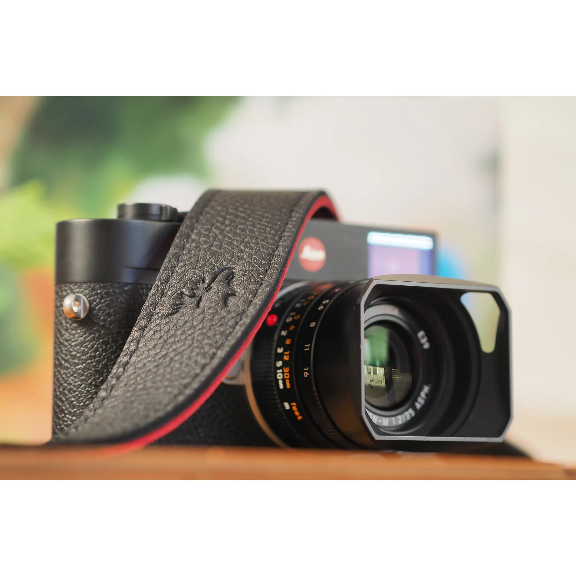 EDDYCAM Elk Leather Neck Strap, 35mm Wide, Black/Red with Black Stitching