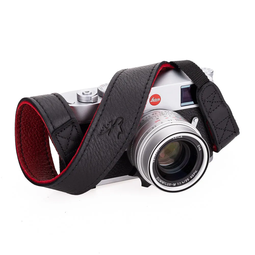EDDYCAM Elk Leather Neck Strap, 35mm Wide, Black/Red with Black Stitching