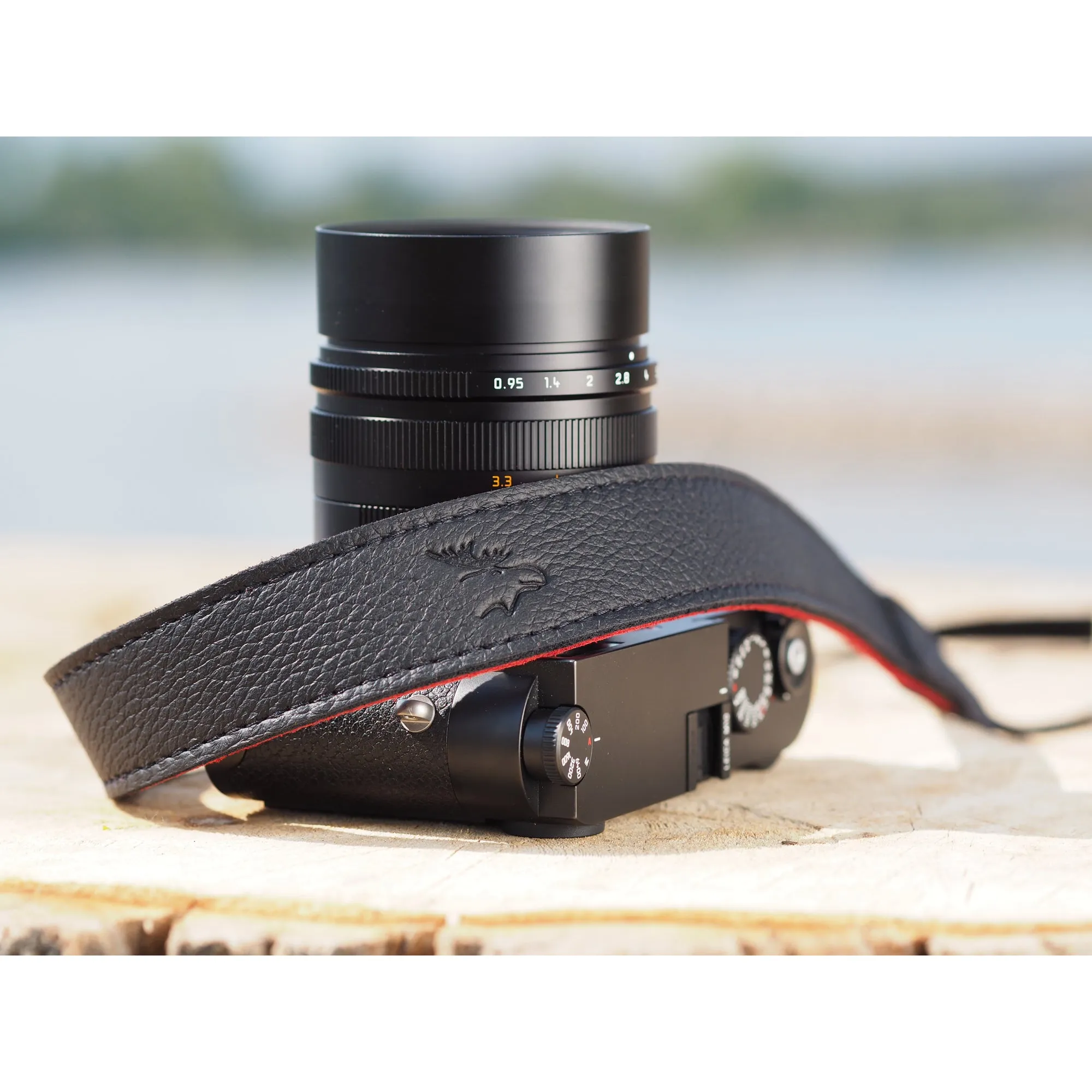 EDDYCAM Elk Leather Neck Strap, 35mm Wide, Black/Red with Black Stitching